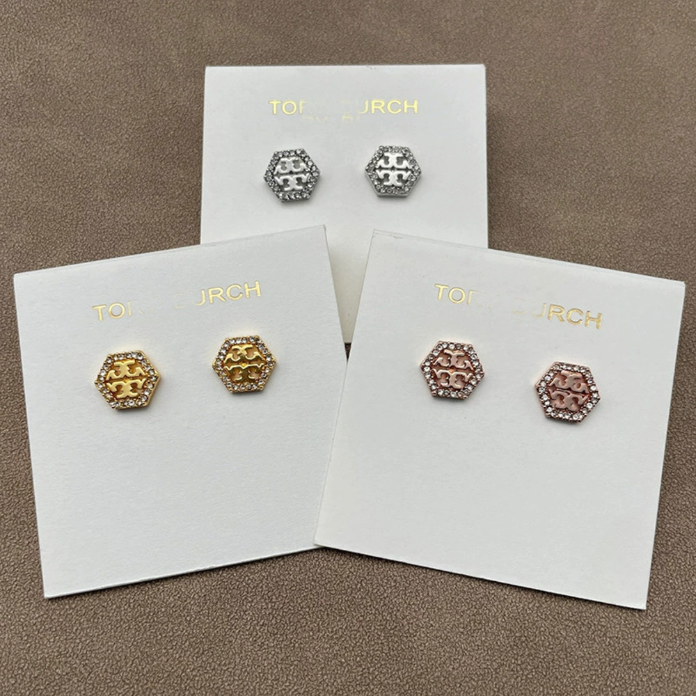 Tory Burch Pave Two Tone Hollow Letter Geometric Hexagon Stud Earrings